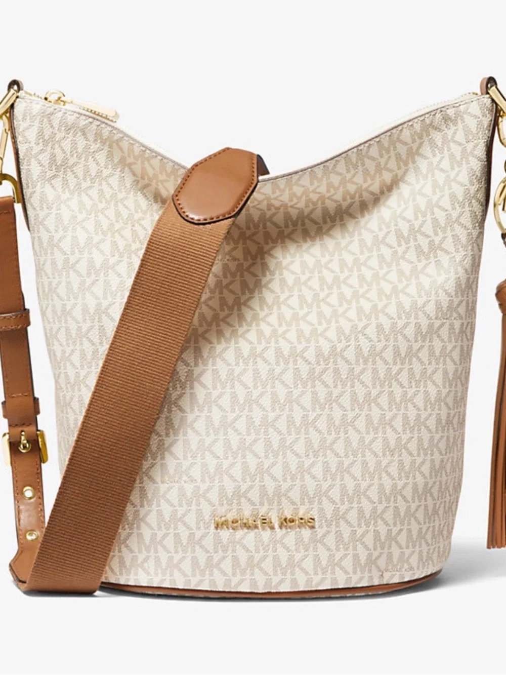 Michael Kors Brooke Medium Bucket Drawstring Bag Zip Close Vanilla & Tan NWT